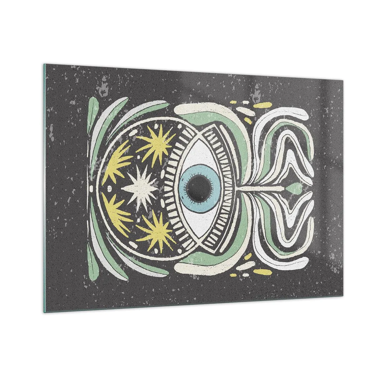 Cuadro sobre vidrio - Impresiones sobre Vidrio - Ojo gráfico con ornamentación tribal sobre un fondo oscuro. - 100x70cm - Rituales tribales - Decoración de pared moderna para salón y dormitorio ARTTOR