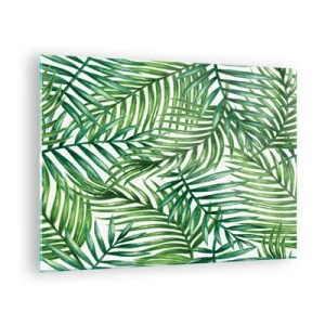 Cuadro sobre vidrio - Impresiones sobre Vidrio - Hojas de palma verdes sobre un fondo blanco que crean un patrón geométrico. - 70x50cm - Bajo el verde - Decoración de pared moderna para salón y dormitorio ARTTOR