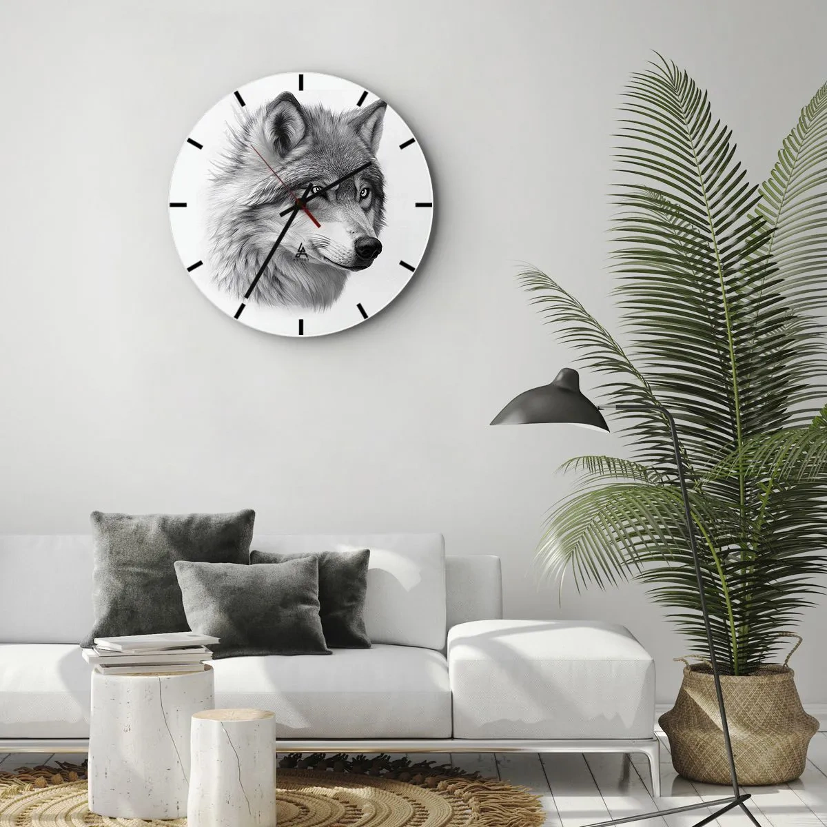 Reloj de pared - Reloj de vidrio - Un retrato en blanco y negro de un lobo con una mirada penetrante. - 30x30cm - Alfa - sin duda - Decoración de pared moderna para salón, cocina y dormitorio ARTTOR