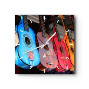 Reloj de pared - Reloj de vidrio - Guitarras acústicas de colores cuelgan en fila en exhibición - 30x30cm - Estilo latino - Decoración de pared moderna para salón y dormitorio ARTTOR
