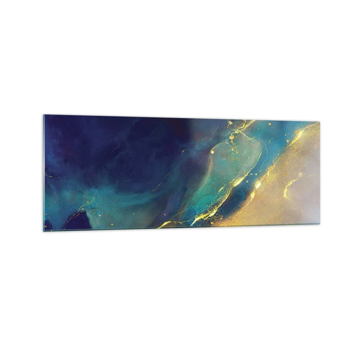 Cuadro sobre vidrio - Impresiones sobre Vidrio - Composición abstracta en tonos azules y dorados sobre lienzo. - 140x50cm - Inundación dorada - Decoración de pared moderna para salón y dormitorio ARTTOR