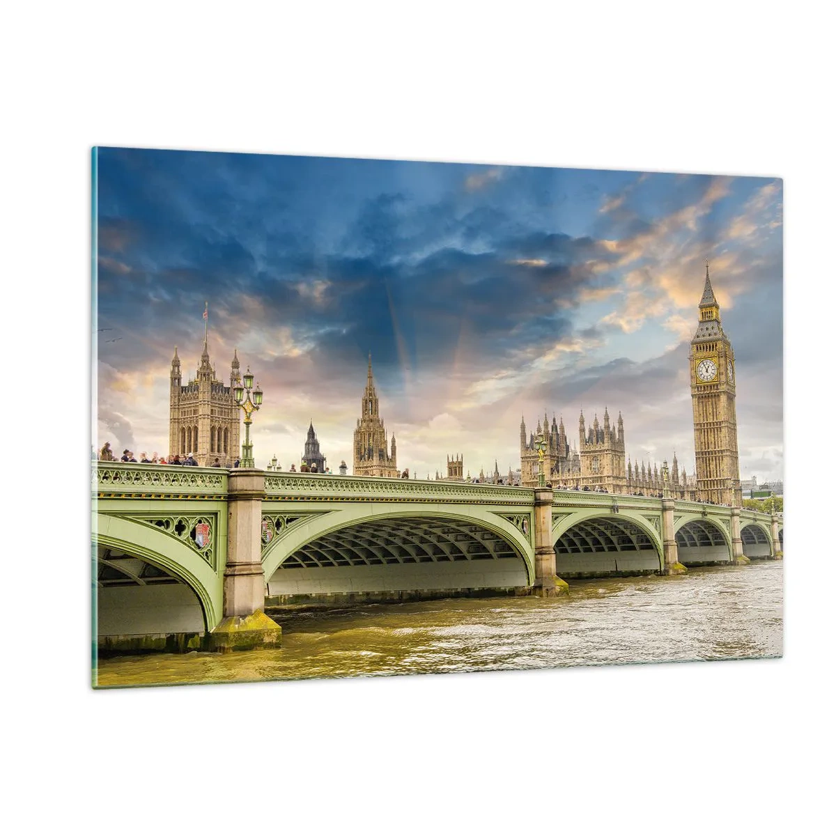 Cuadro sobre vidrio - Impresiones sobre Vidrio - El Big Ben y el puente de Westminster al atardecer - 120x80cm - El tiempo se detuvo en el Imperio - Decoración de pared moderna para salón y dormitorio ARTTOR