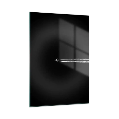 Cuadro sobre vidrio - Impresiones sobre Vidrio - Un avión a reacción sobre un fondo negro con una estela de condensación. - 50x70cm - En otra dimensión - Decoración de pared moderna para salón y dormitorio ARTTOR