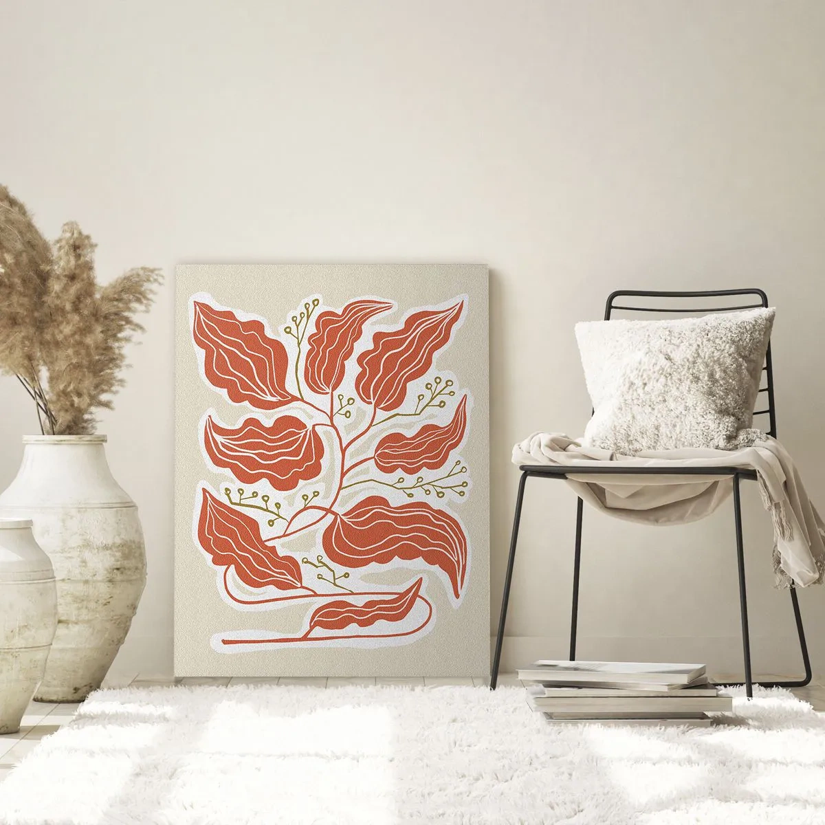 Cuadro sobre vidrio - Impresiones sobre Vidrio - Hojas de coral con un patrón folklórico sobre un fondo claro. - 50x70cm - Folk y coral - Decoración de pared moderna para salón y dormitorio ARTTOR