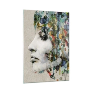 Cuadro sobre vidrio - Impresiones sobre Vidrio - Retrato de una mujer con acentos de color abstractos. - 50x70cm - Salió del gris - Decoración de pared moderna para salón y dormitorio ARTTOR
