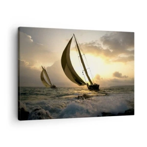 Cuadro sobre lienzo - Impresión de Imagen - Veleros en el mar durante la puesta de sol - 70x50cm - En contra y a favor del viento - Decoración de pared moderna para salón y dormitorio ARTTOR