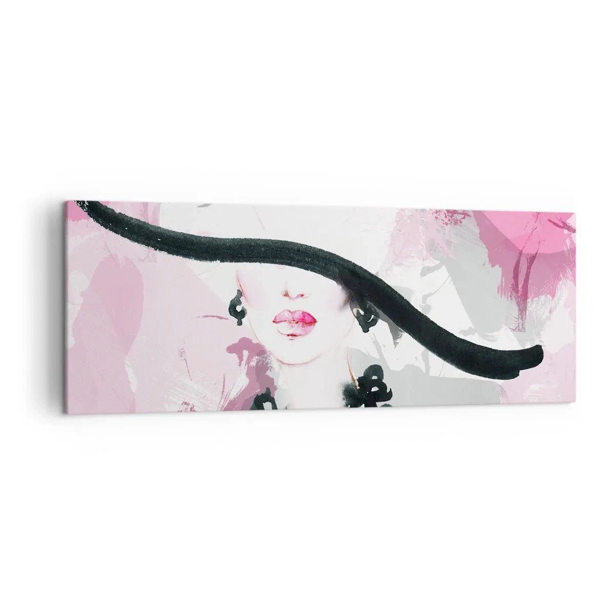 Cuadro sobre lienzo - Impresión de Imagen - Una mujer elegante con sombrero sobre un fondo de abstracciones rosas. - 140x50cm - Retrato de una dama en negro y rosa - Decoración de pared moderna para salón y dormitorio ARTTOR