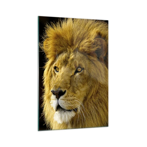 Cuadro sobre vidrio - Impresiones sobre Vidrio - Retrato de un león con una melena majestuosa sobre un fondo oscuro - 70x100cm - Retrato de un rey - Decoración de pared moderna para salón y dormitorio ARTTOR