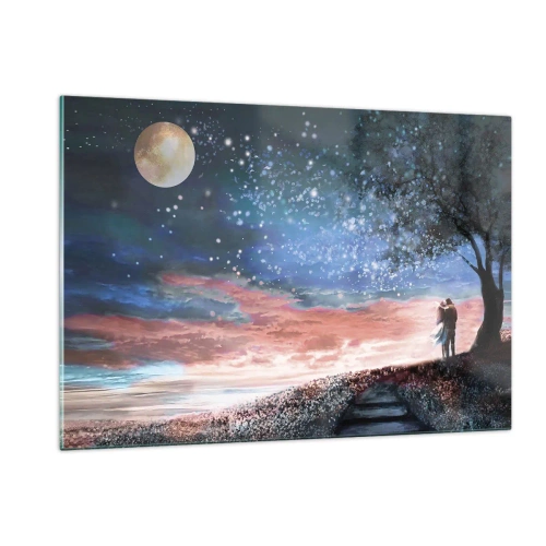 Cuadro sobre vidrio - Impresiones sobre Vidrio - Una pareja de enamorados bajo un árbol con la luna y las estrellas. - 120x80cm - Un espectáculo estelar - Decoración de pared moderna para salón y dormitorio ARTTOR