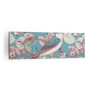 Cuadro sobre lienzo - Impresión de Imagen - Un pájaro en una rama en un delicado estilo floral. - 160x50cm - En el cerezo - Decoración de pared moderna para salón y dormitorio ARTTOR