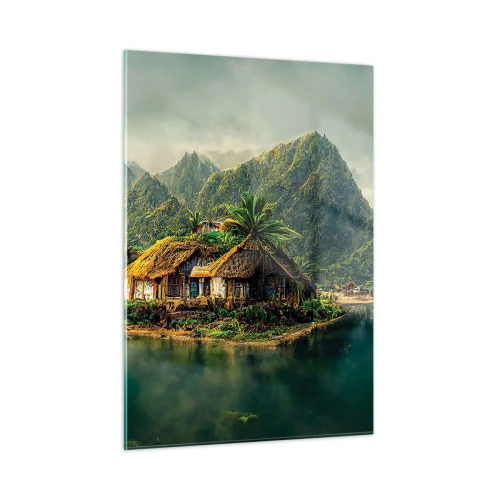 Cuadro sobre vidrio - Impresiones sobre Vidrio - Un pueblo tropical junto al agua rodeado de montañas y palmeras. - 50x70cm - Paraíso tropical - Decoración de pared moderna para salón y dormitorio ARTTOR