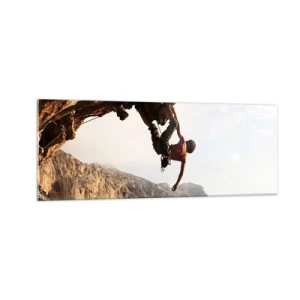 Cuadro sobre vidrio - Impresiones sobre Vidrio - Un escalador en un acantilado escarpado en las montañas bajo el sol. - 140x50cm - Un mundo en la roca - Decoración de pared moderna para salón y dormitorio ARTTOR