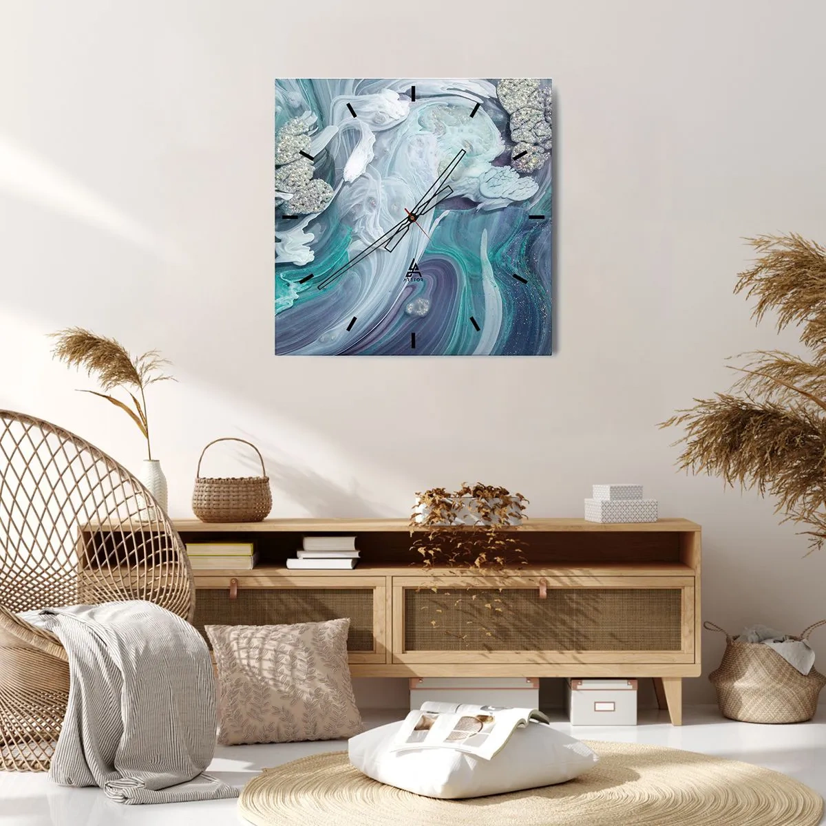 Reloj de pared - Reloj de vidrio - Remolinos abstractos en tonos azules y blancos - 30x30cm - Corrientes de azul - Decoración de pared moderna para salón y dormitorio ARTTOR