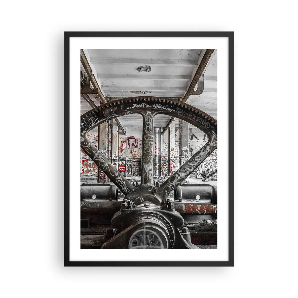 Póster en marco negro - Máquina de grafitis industrial en una fábrica abandonada - 50x70cm - La vida secreta de una fábrica - Decoración de pared moderna para salón y dormitorio ARTTOR