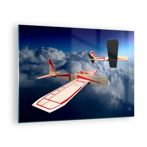 Cuadro sobre vidrio - Impresiones sobre Vidrio - Modelos de aviones planeando en las nubes - 70x50cm - Más alto, más lejos - Decoración de pared moderna para salón y dormitorio ARTTOR