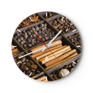 Reloj de pared - Reloj de vidrio - Mampara de madera con diversas especias y café. - 30x30cm - Un tesoro de aromas - Decoración de pared moderna para salón, cocina y dormitorio ARTTOR