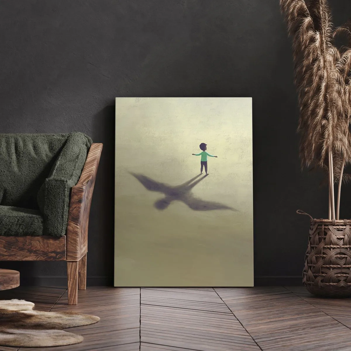 Cuadro sobre lienzo - Impresión de Imagen - Una figura simbólica de un niño con la sombra de un pájaro sobre un fondo de tonos cálidos. - 50x70cm - Héroe del futuro - Decoración de pared moderna para salón y dormitorio ARTTOR