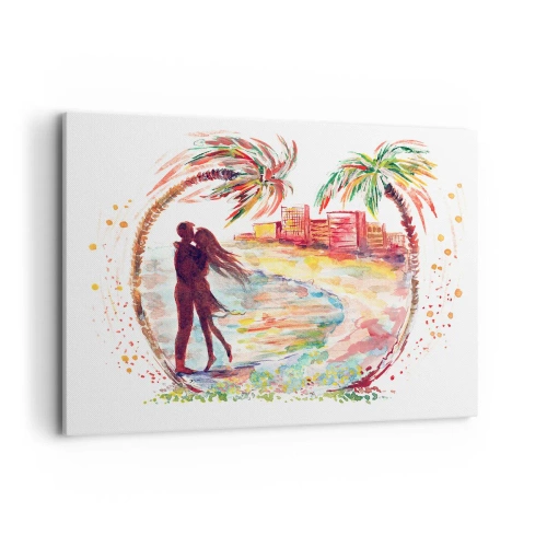 Cuadro sobre lienzo - Impresión de Imagen - Escena romántica de pareja en una playa con palmeras en acuarela - 100x70cm - Unas vacaciones románticas - Decoración de pared moderna para salón y dormitorio ARTTOR