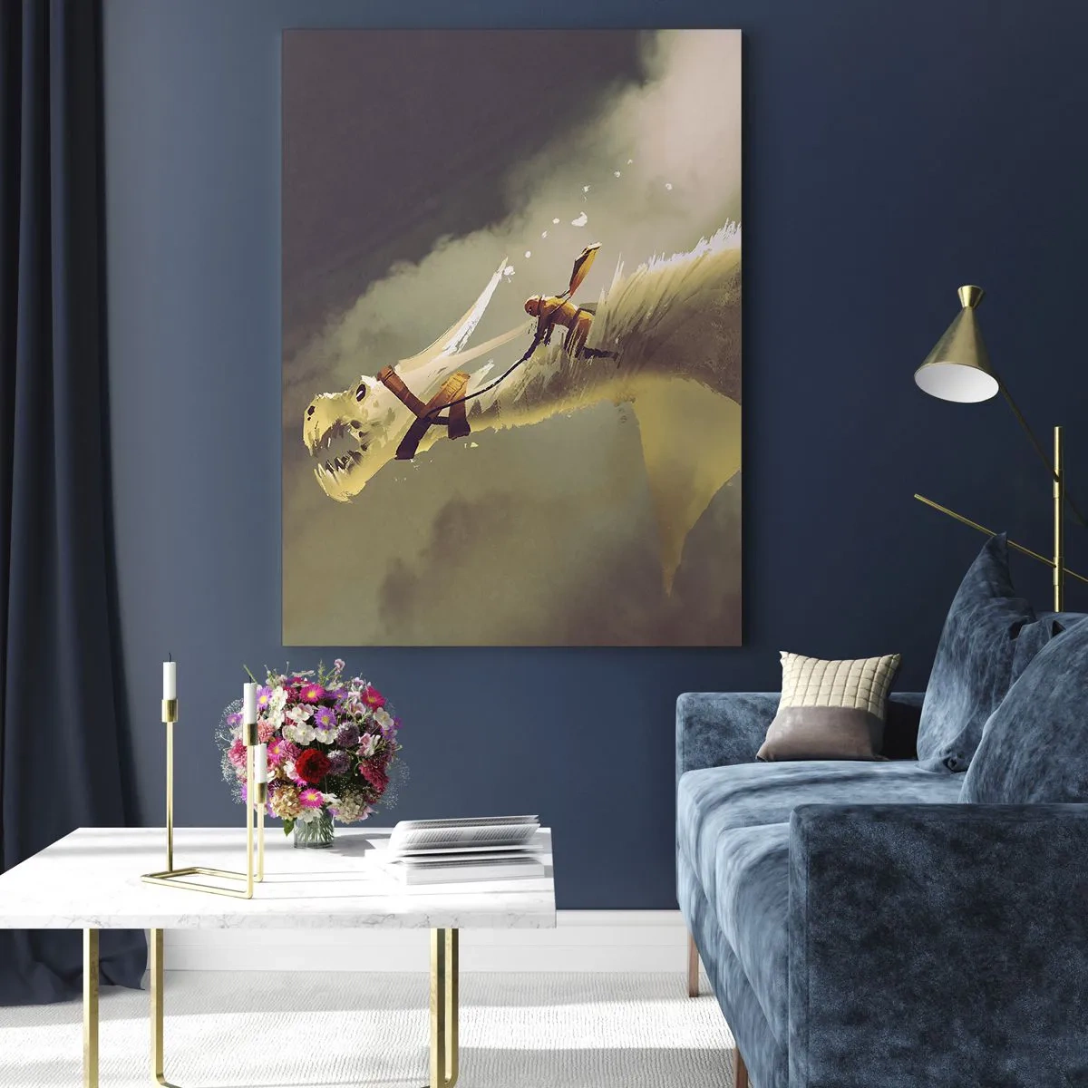 Cuadro sobre vidrio - Impresiones sobre Vidrio - Una figura en la espalda de un dragón blanco en un paisaje brumoso. - 50x70cm - Al rescate - Decoración de pared moderna para salón y dormitorio ARTTOR