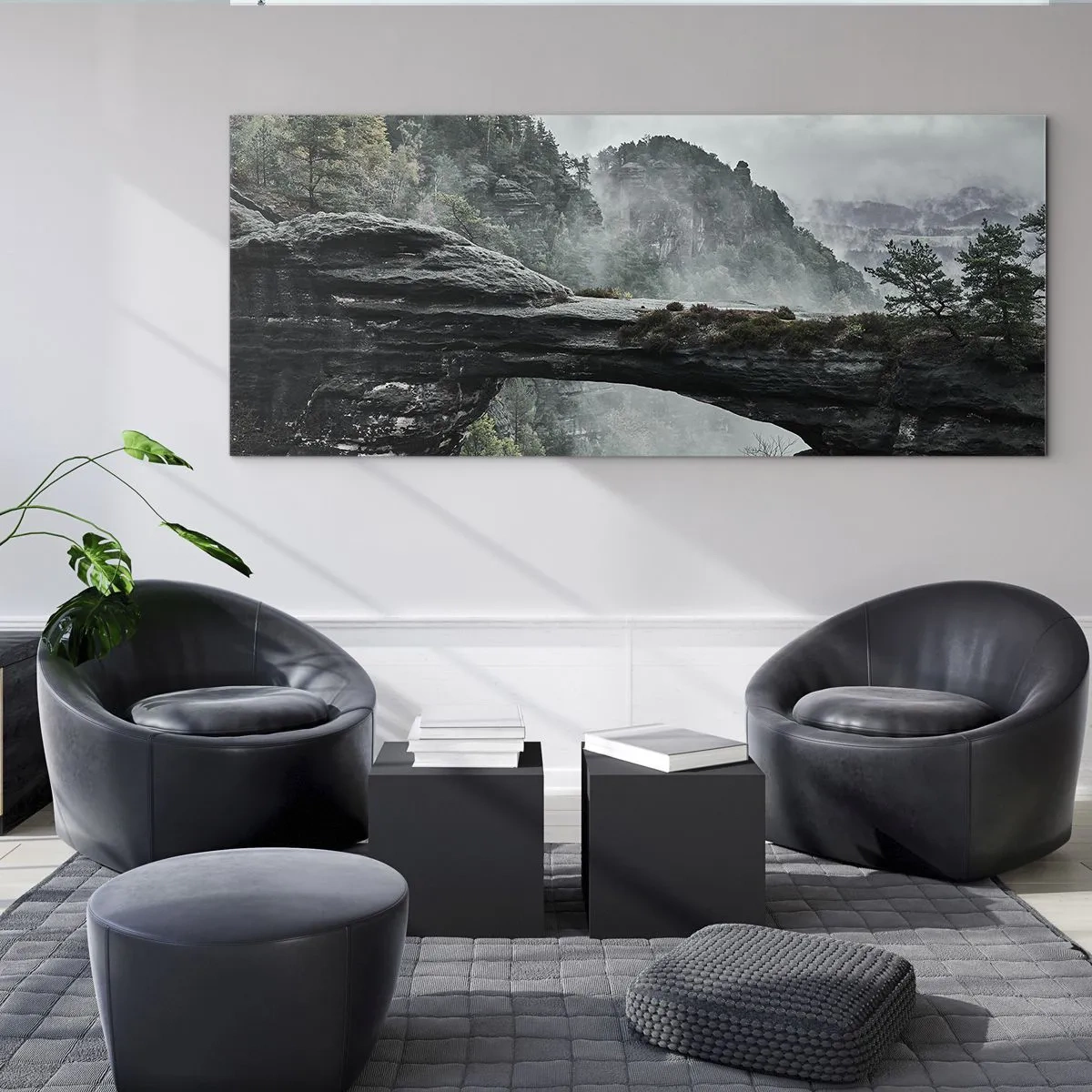 Cuadro sobre vidrio - Impresiones sobre Vidrio - Un arco de piedra rodeado de montañas brumosas y bosques. - 120x50cm - La aventura está a punto de comenzar - Decoración de pared moderna para salón y dormitorio ARTTOR