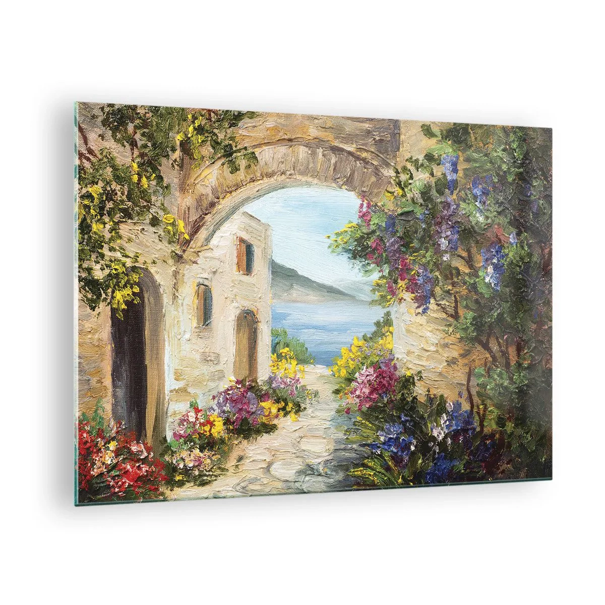 Cuadro sobre vidrio - Impresiones sobre Vidrio - Una calle pintoresca con vista al lago. - 70x50cm - El encanto del paisaje costero - Decoración de pared moderna para salón y dormitorio ARTTOR