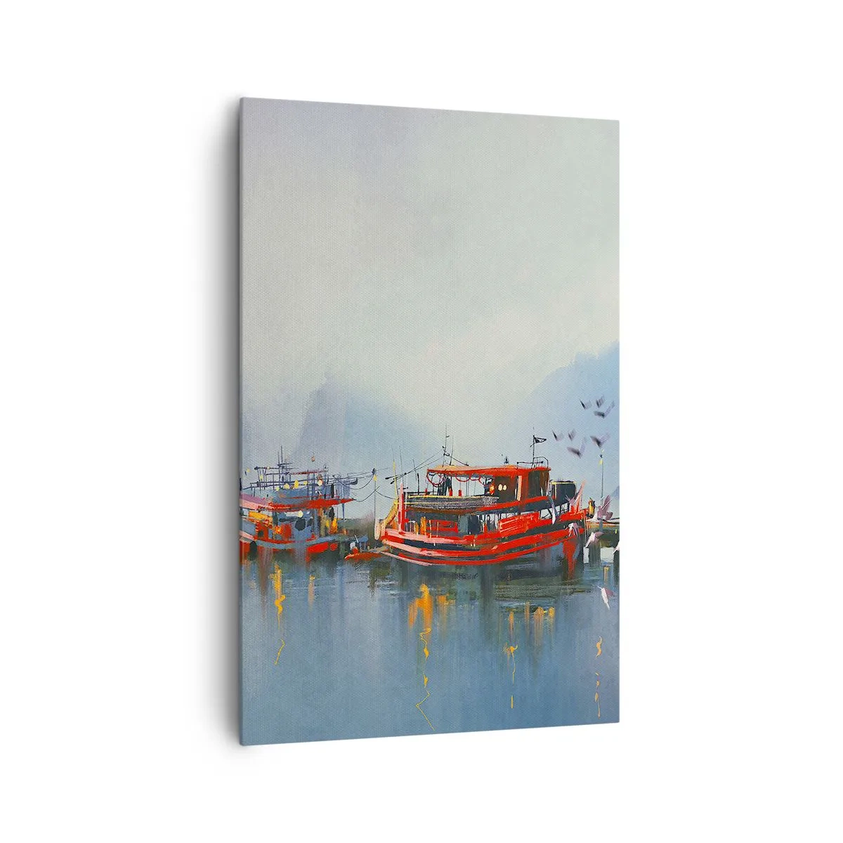 Cuadro sobre lienzo - Impresión de Imagen - Un puerto con barcos rojos rodeado de un paisaje brumoso. - 80x120cm - En el fin del mundo - Decoración de pared moderna para salón y dormitorio ARTTOR