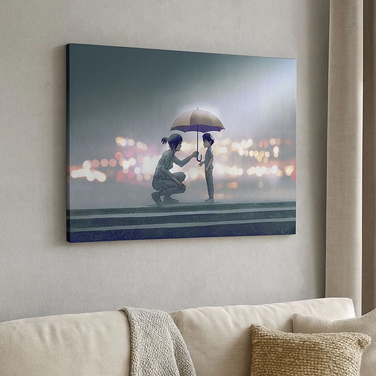 Cuadro sobre lienzo - Impresión de Imagen - Una figura con un paraguas protegiendo a un niño contra el fondo de luces nocturnas. - 70x50cm - Y todo está bien - Decoración de pared moderna para salón y dormitorio ARTTOR