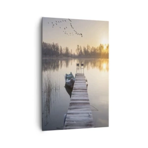 Cuadro sobre lienzo - Impresión de Imagen - Un muelle junto al lago por la mañana con un barco y sillas. - 80x120cm - Volveré en un rato - Decoración de pared moderna para salón y dormitorio ARTTOR