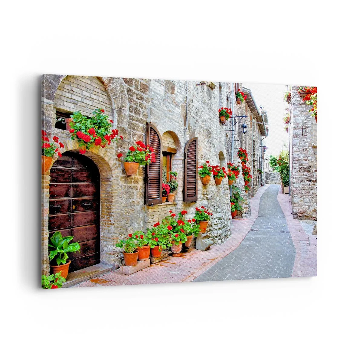 Cuadro sobre lienzo - Impresión de Imagen - Una calle estrecha con edificios de piedra decorados con macetas. - 100x70cm - Ambiente italiano - Decoración de pared moderna para salón y dormitorio ARTTOR