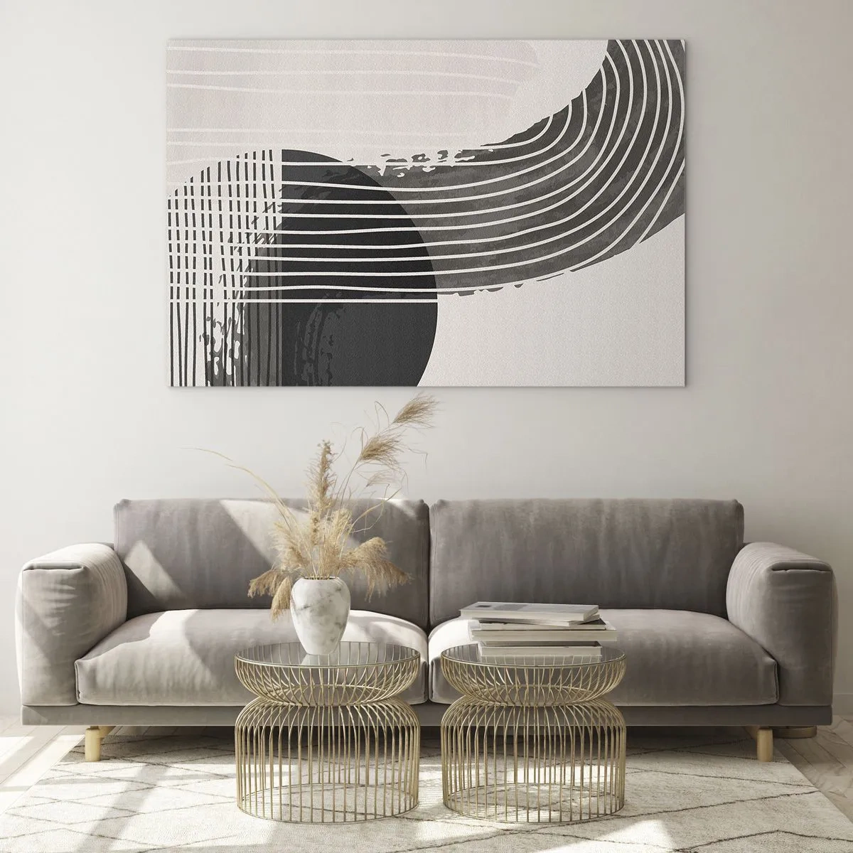 Cuadro sobre vidrio - Impresiones sobre Vidrio - Abstracción en blanco y negro con líneas y formas geométricas. - 70x50cm - Ida y vuelta - Decoración de pared moderna para salón y dormitorio ARTTOR