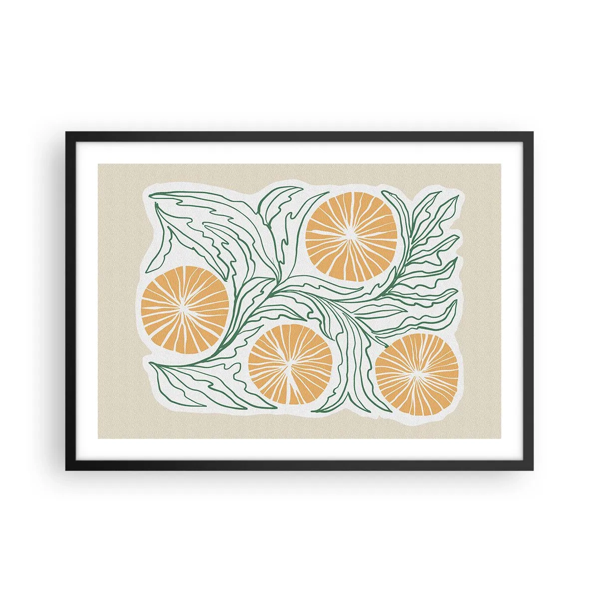 Póster en marco negro - Un motivo naranja minimalista con hojas verdes. - 70x50cm - Étnico con un toque de abstracción - Decoración de pared moderna para salón y dormitorio ARTTOR