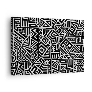 Cuadro sobre lienzo - Impresión de Imagen - Patrones geométricos en blanco y negro inspirados en la cultura precolombina. - 70x50cm - Composición precolombina - Decoración de pared moderna para salón y dormitorio ARTTOR