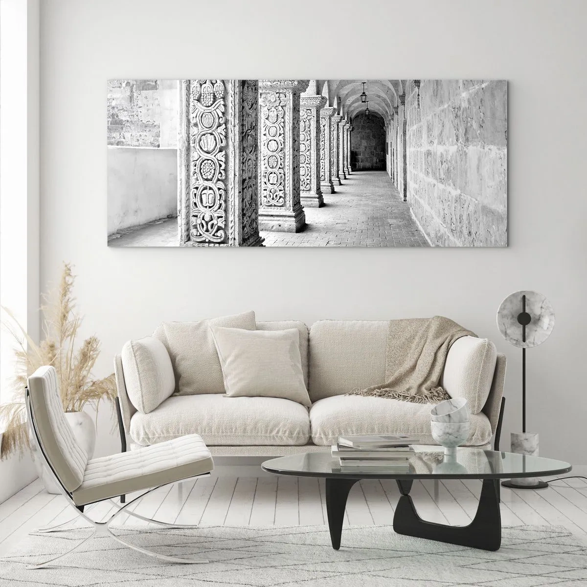 Cuadro sobre vidrio - Impresiones sobre Vidrio - Columnas históricas en una toma monocromática - 120x50cm - ¿Y adónde nos llevará...? - Decoración de pared moderna para salón y dormitorio ARTTOR
