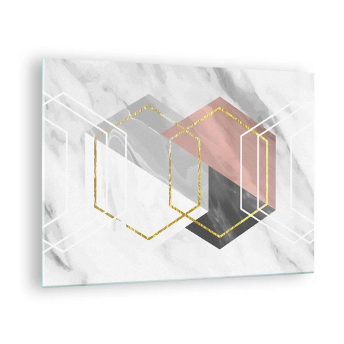 Cuadro sobre vidrio - Impresiones sobre Vidrio - Formas geométricas doradas sobre un fondo de mármol. - 70x50cm - Composición en cadena - Decoración de pared moderna para salón y dormitorio ARTTOR