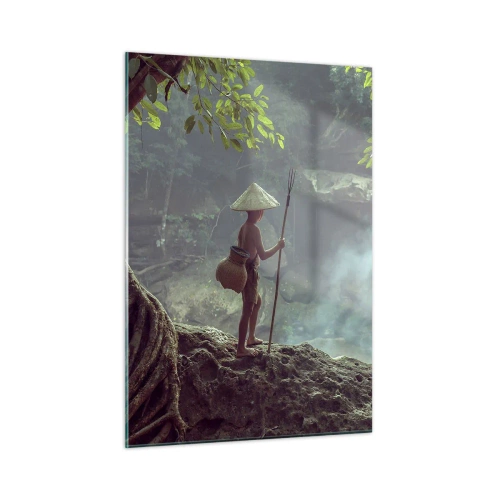 Cuadro sobre vidrio - Impresiones sobre Vidrio - Un niño con una lanza en una cascada en la selva tropical. - 50x70cm - Amistad con la naturaleza - Decoración de pared moderna para salón y dormitorio ARTTOR