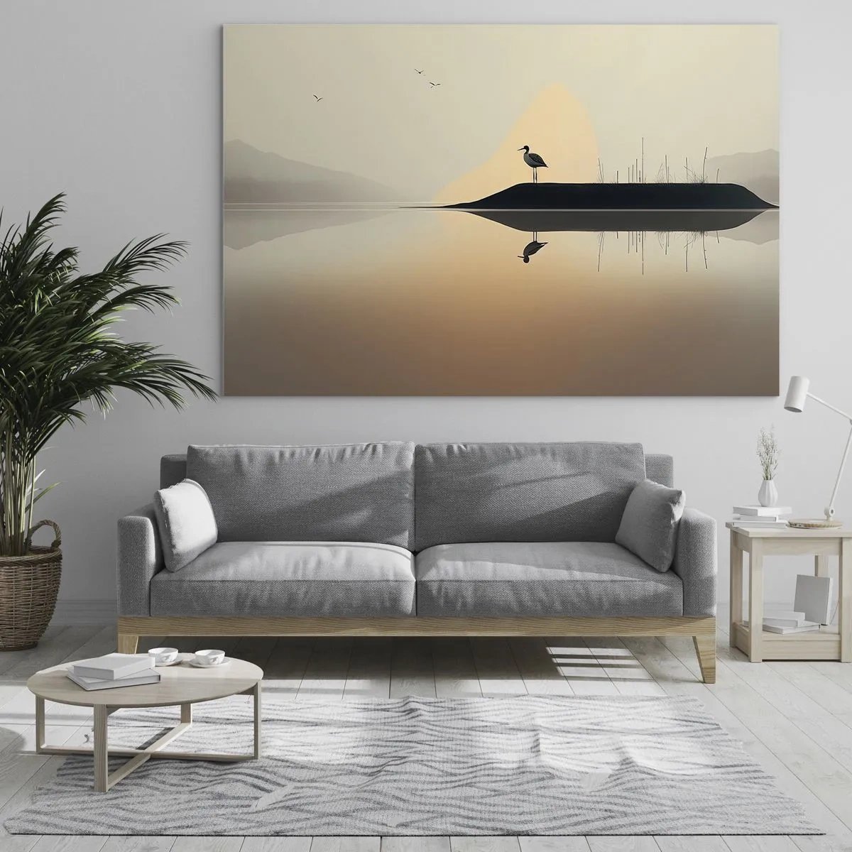 Cuadro sobre vidrio - Impresiones sobre Vidrio - Una garza parada en una isla en las tranquilas aguas de un lago. - 120x80cm - Un caballero en el lago - Decoración de pared moderna para salón y dormitorio ARTTOR