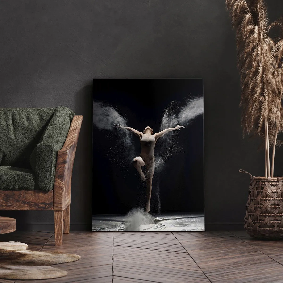 Cuadro sobre lienzo - Impresión de Imagen - Una bailarina en movimiento con un llamativo efecto de polvo sobre un fondo negro. - 80x120cm - Los duendes existen - Decoración de pared moderna para salón y dormitorio ARTTOR