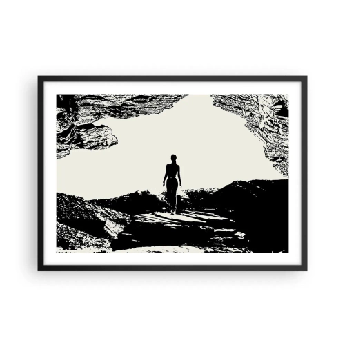 Póster en marco negro - Silueta en blanco y negro de una mujer en una cueva contra el cielo - 70x50cm - Una nueva mirada - Decoración de pared moderna para salón y dormitorio ARTTOR