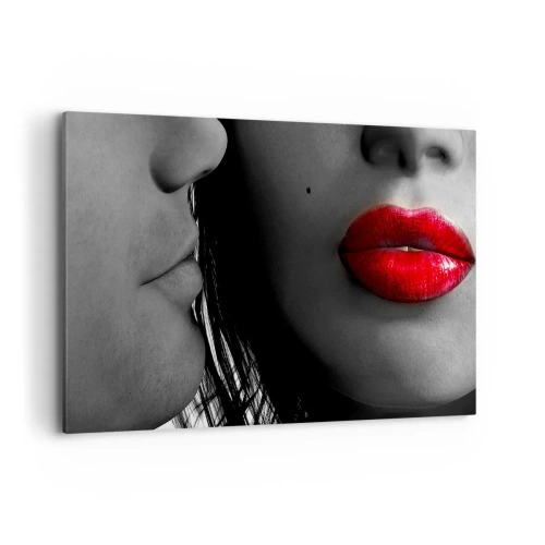 Cuadro sobre lienzo - Impresión de Imagen - Primer plano de los rostros de una mujer y un hombre con labios rojos. - 100x70cm - Cara a cara - Decoración de pared moderna para salón y dormitorio ARTTOR