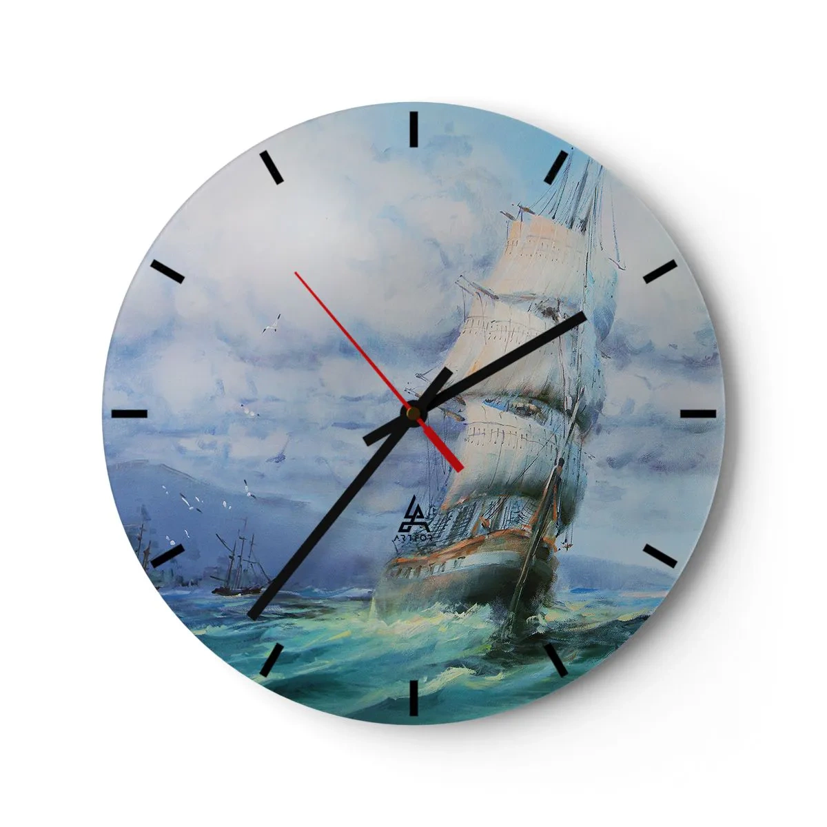 Reloj de pared - Reloj de vidrio - Un velero en mares agitados bajo un cielo nublado - 30x30cm - Viento en popa - Decoración de pared moderna para salón, cocina y dormitorio ARTTOR