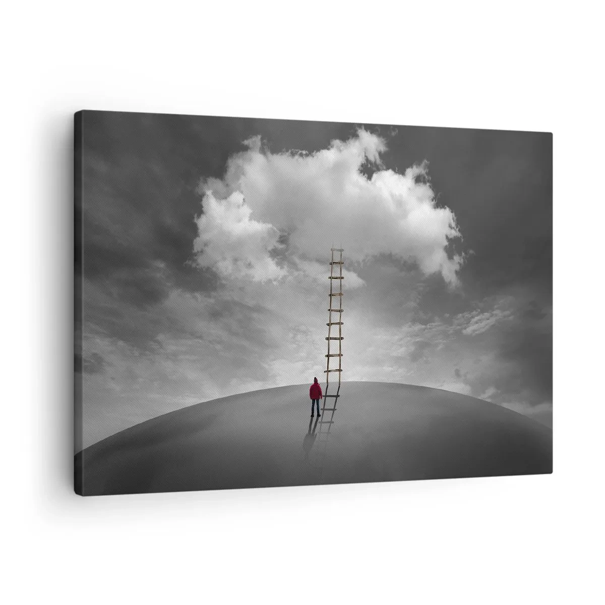 Cuadro sobre lienzo - Impresión de Imagen - Una persona con un abrigo rojo y una escalera que conduce a una nube. - 70x50cm - Todo es posible - Decoración de pared moderna para salón y dormitorio ARTTOR