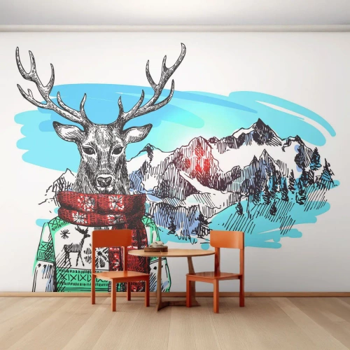 Fotomural Premium Sand - Un ciervo con un suéter y una bufanda de invierno frente a un paisaje montañoso. - 100x70cm - Ni el ciervo pasa frío - Decoración de pared moderna para salón y dormitorio ARTTOR