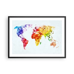 Póster en marco negro - Mapa del mundo colorido en acuarela - 70x50cm - Todos los colores del mundo - Decoración de pared moderna para salón y dormitorio ARTTOR