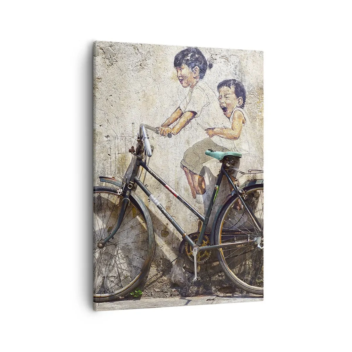 Cuadro sobre lienzo - Impresión de Imagen - Arte callejero con una bicicleta y dibujos infantiles en la pared. - 50x70cm - ¿Verdadero o falso? - Decoración de pared moderna para salón y dormitorio ARTTOR