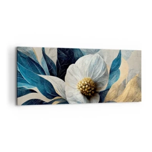 Cuadro sobre lienzo - Impresión de Imagen - Una flor con hojas azules sobre un fondo elegante. - 120x50cm - Con un corazón de oro - Decoración de pared moderna para salón y dormitorio ARTTOR