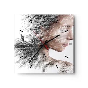 Reloj de pared - Reloj de vidrio - Silueta de una mujer con una rama y un motivo de pájaro en el fondo. - 30x30cm - Espíritu del bosque - Decoración de pared moderna para salón y dormitorio ARTTOR
