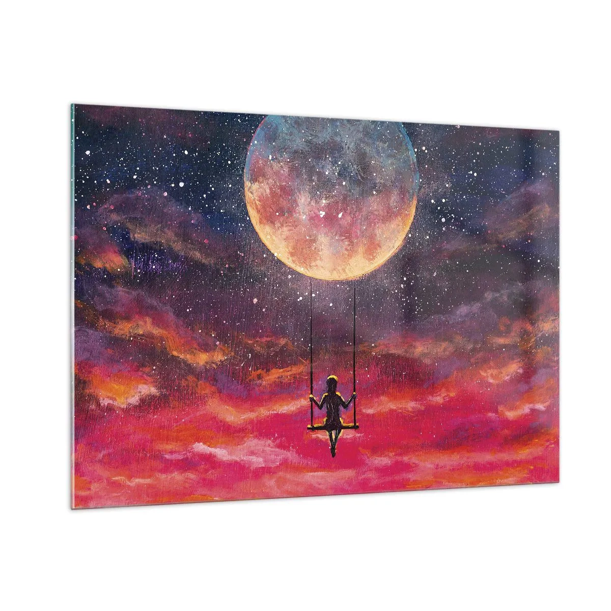 Cuadro sobre vidrio - Impresiones sobre Vidrio - Una niña en un columpio suspendido bajo la luna. - 100x70cm - Disfrutar de las nubes - Decoración de pared moderna para salón y dormitorio ARTTOR
