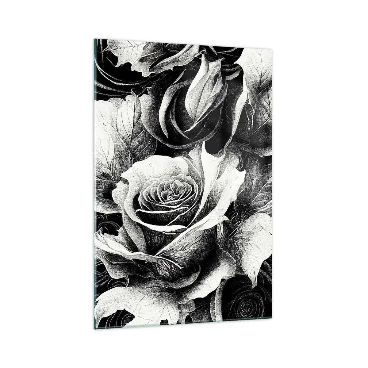 Cuadro sobre vidrio - Impresiones sobre Vidrio - Rosas blancas y negras en una elegante composición. - 70x100cm - Siempre como una reina - Decoración de pared moderna para salón y dormitorio ARTTOR