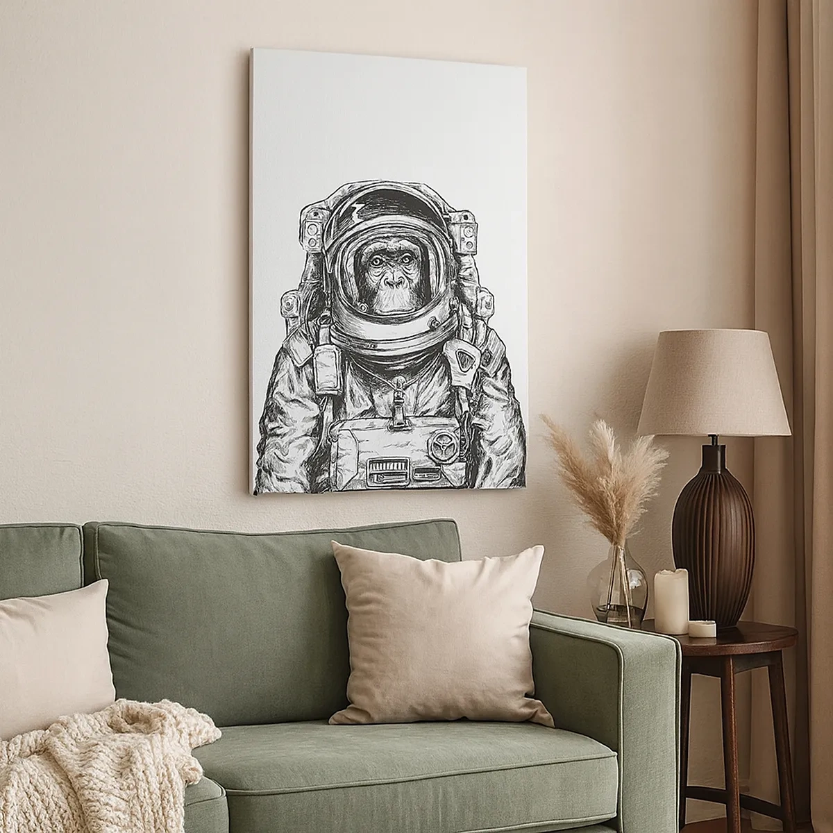 Cuadro sobre lienzo - Impresión de Imagen - Gráfico de un astronauta en un traje espacial con cabeza de mono. - 50x70cm - Evolución alternativa - Decoración de pared moderna para salón y dormitorio ARTTOR