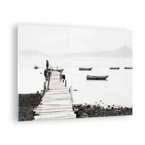 Cuadro sobre vidrio - Impresiones sobre Vidrio - Vista en blanco y negro de un muelle de madera sobre un lago. - 70x50cm - Junto al agua tranquila y clara - Decoración de pared moderna para salón y dormitorio ARTTOR